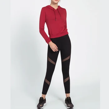 

Women Yoga 2PCS Set Fitness Sports Suits Gym Long Sleeve Top with Hat High Waist Mesh Patchwork Running Leggings Workout Pants