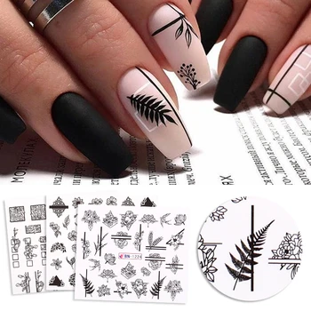 

4PCS Floral Ink Nail Water Transfer Stickers Black Flowers Leaves Stickers For Nails Charming Liner Slider Decals