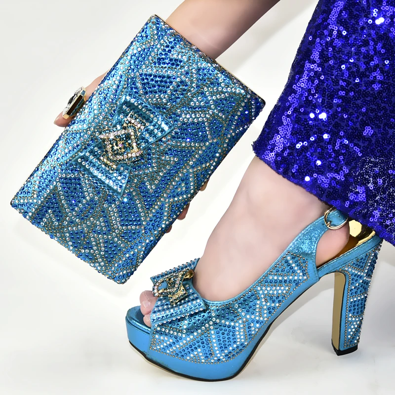 Новинка; комплект из туфель и сумочки в нигерийском стиле; обувь для вечеринок со стразами; женская обувь; комплект из обуви и сумки на высоком каблуке - Цвет: Небесно-голубой
