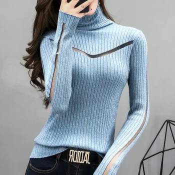 

#3801 Turtleneck Thin Knitted Tops Split Joint Mesh Hollow Out Knitwear Pullover Women Elastic Sweaters Ladies Knitwear Spring