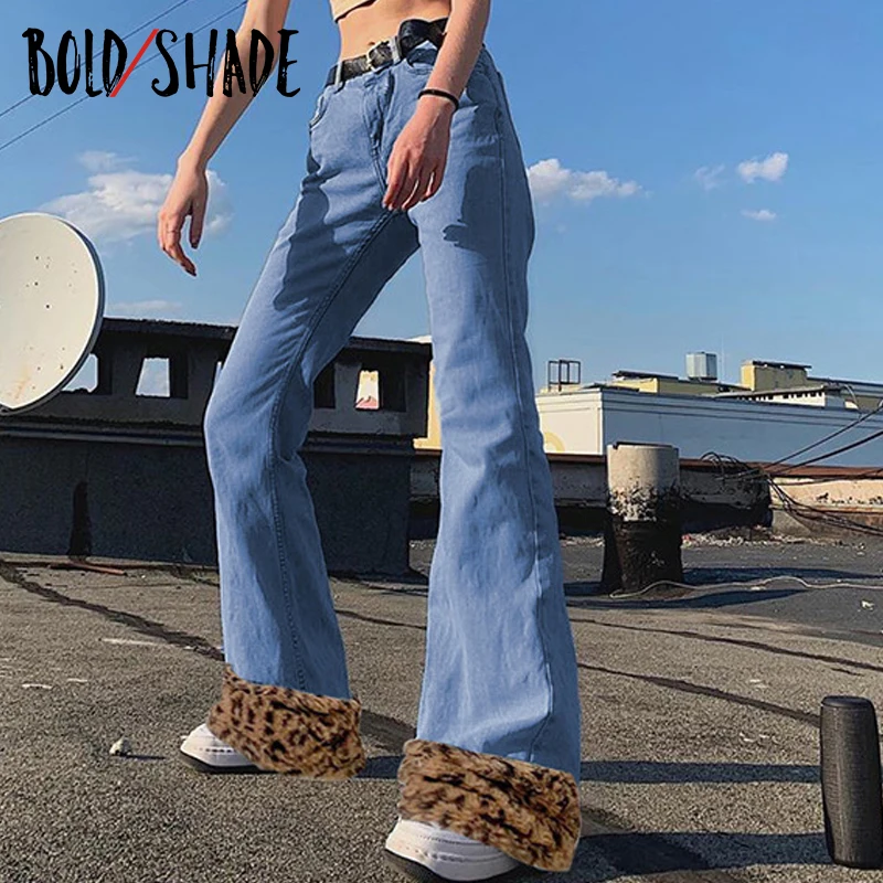 

Bold Shade 2000s Aesthetic Skater Style Denim Jeans Leopard Fleece Patchwork Y2k Vintage Boot Cut Pants Women Skinny 2020 Pants