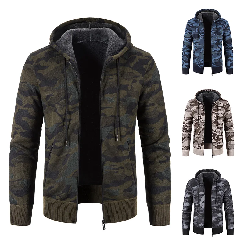 Men's Cardigan Knitted Hoodie with Zipper Sweater Coat Military Autumn Winter Fleece Thick Warm Wool Fashion Camouflage Jacket