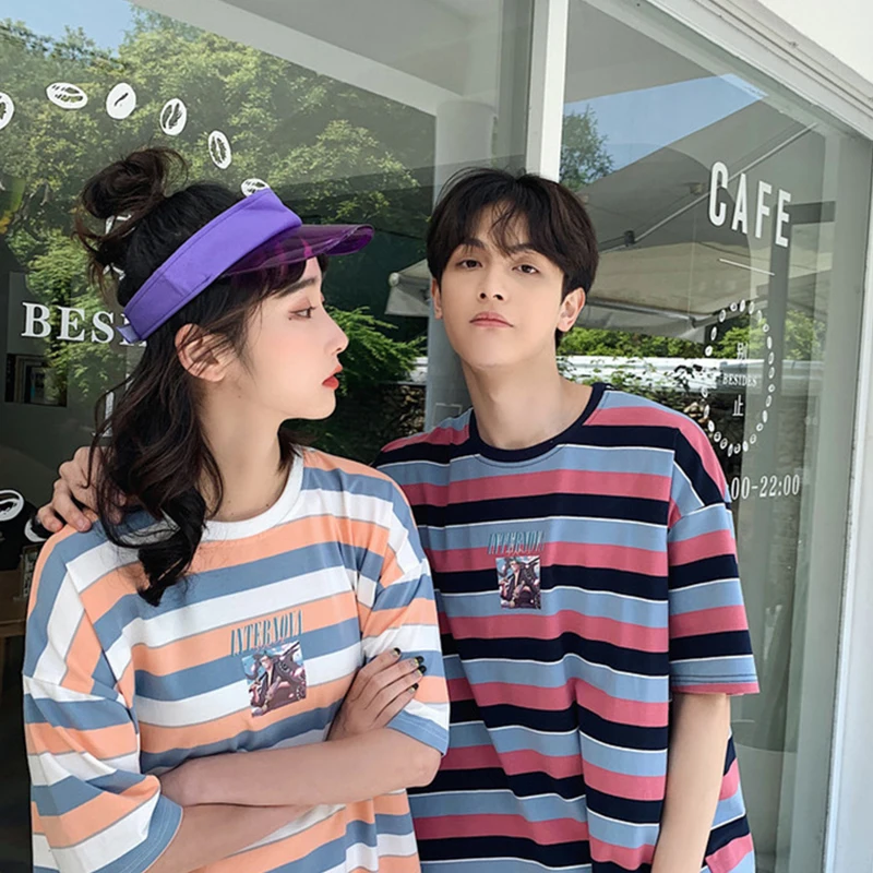 

Harajuku tri-color striped T-shirt summer new Oversized size loose Round neck clothes funny Simple Cotton Couples Streetwear