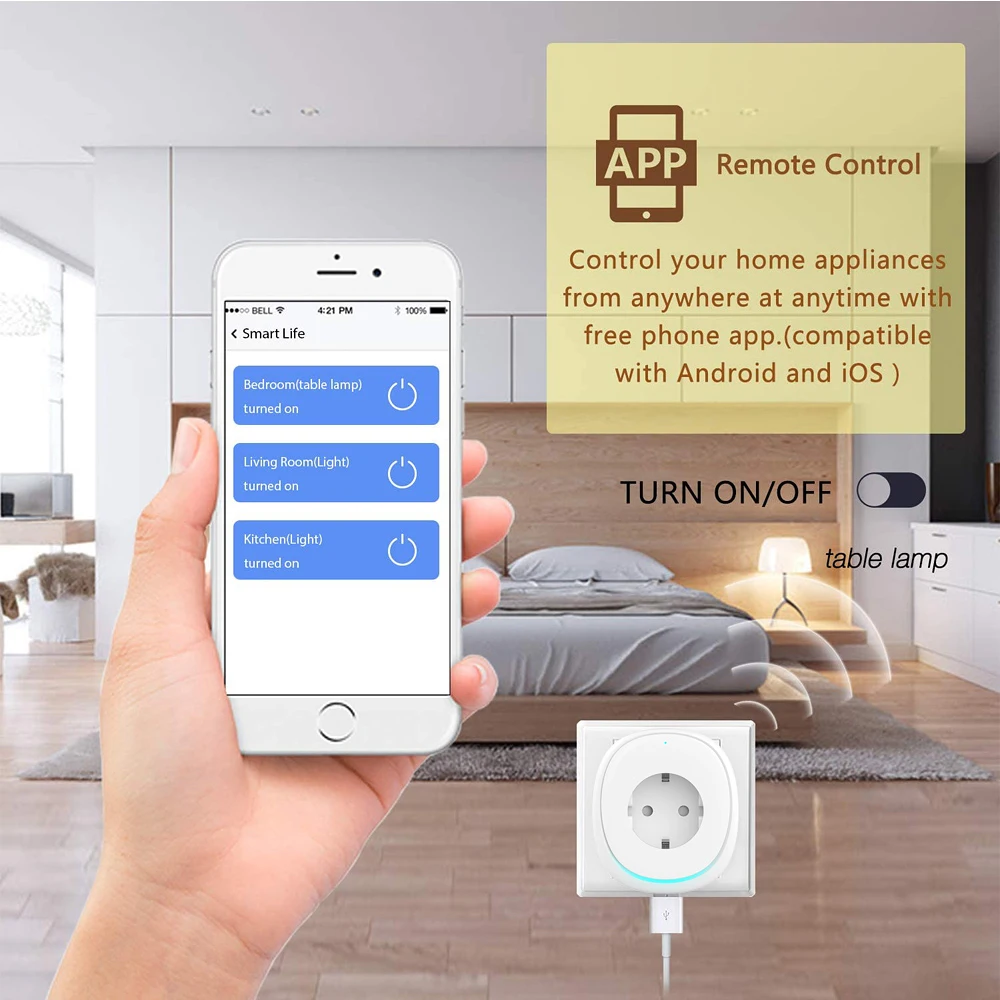 AVATTO WiFi Smart scoket 10A EU RGB светильник с 2 usb портами. Tuya приложение дистанционное