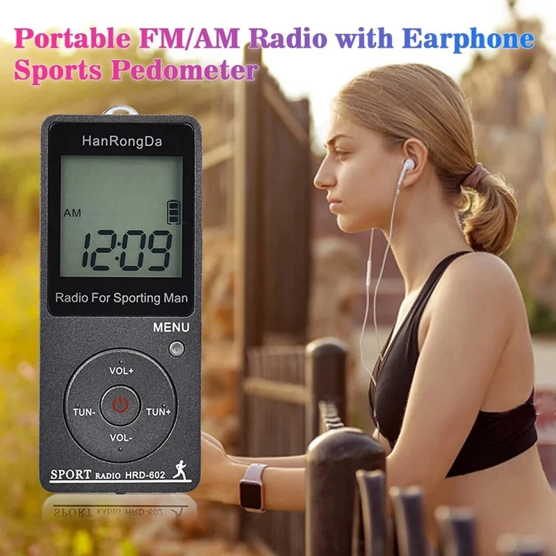 HRD-602 Портативный радиоприемник FM/AM радио ЖК-дисплей Кнопка блокировки карманное радио с наушниками спортивный шагомер