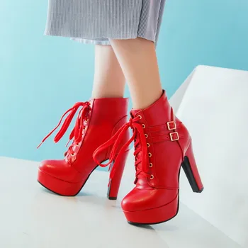 

2018 Autumn Lace Up Ankle Boot Hih Heels Red White Black Platform Buckle Strap Plus Size Womens Kniht Motorcycle Boots
