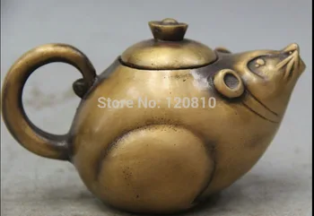 

5" Chinese Dynasty Copper Zodiac Year Mouse Wealth yuanbao Wine Tea Pot Flagon