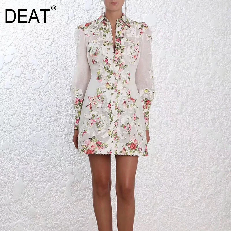 

DEAT 2019 Embroidery Dress Woman Lapel Lantern Long Sleeve High Waist Mini Length Flower Printed Dress Female WJ05309L