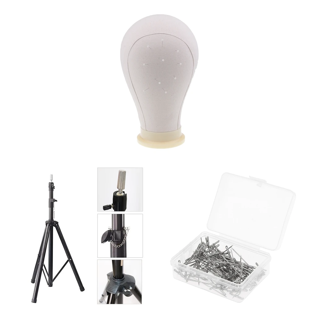 Canvas Block Mannequin Head + Tripod Manikin Stand Practice + 100 T Pins