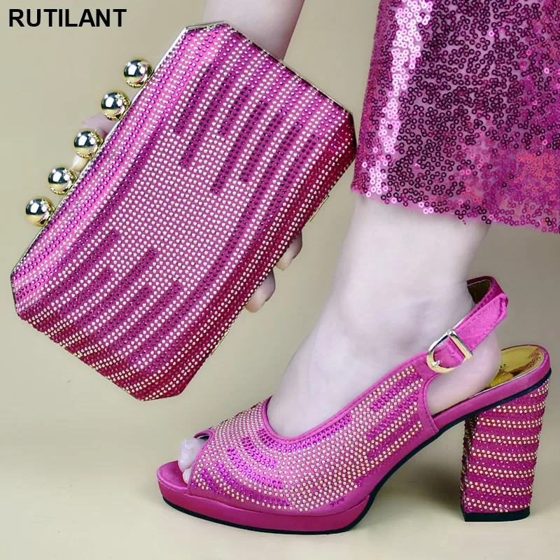 Ladies Italian Shoes and Bag Set Decorated with Rhinestone Summer Sandals Women Matching Shoes