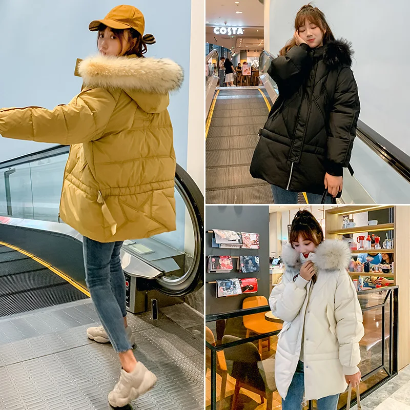 

2019 Winter New Style Cotton-padded Clothes Women's Large Fur Collar Mid-length Thick Loose-Fit down Jacket Cotton-padded Clothe