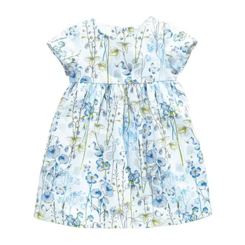 

2020 Spring Cute Baby Girls 1-6T Cotton Short Sleeve Flower printed Dress blue colour children dresses