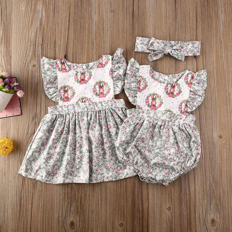 

Pudcoco Kids Baby Girl Sister Matching Floral Printed Sleeveless Rabbit Jumpsuit Romper Dress Summer Outfit Set