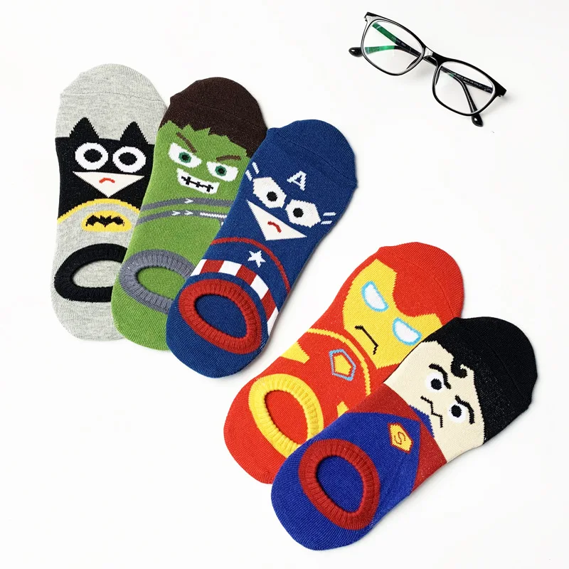 

Summer thin Harajukun men's boat socks kawaii woman invisible Socks personality cartoon superman bat series couple socks
