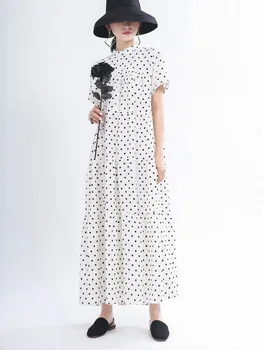 

Single Breasted Polka Dot Dress Short Sleeved Loose Womens Dresses Polyester Summer Dresses Casual Elegant Beach Long Dress