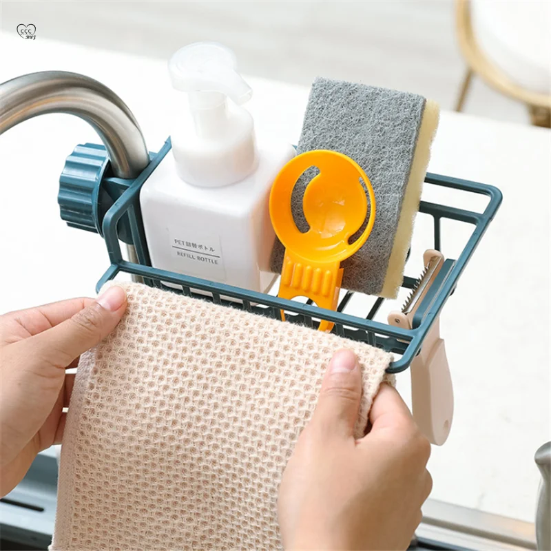 

Kitchen Plastic Retractable Sink Dish Drainer Rack Towel Holder Connected To Faucet Storage Hanging Basket Bathroom Storage