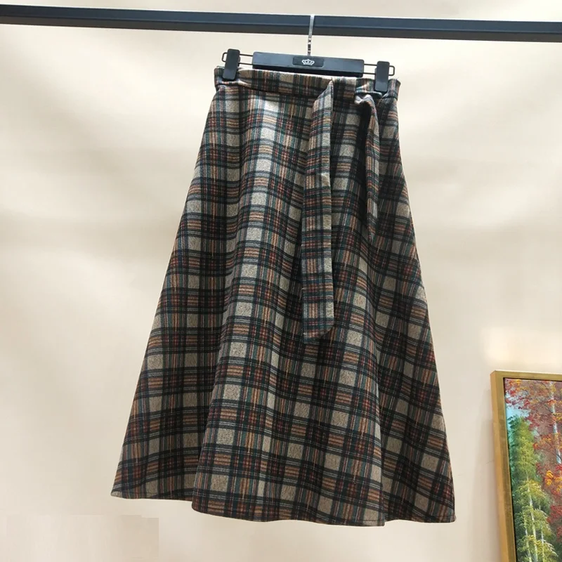 Autumn Winter High waist umbrella skirt a word skirt wild waist woolen female Flared new poncho skirt Plaid Long skirt