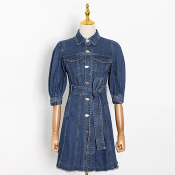 

WOMENGAGA Autumn 2020 New Turn-down Collar Lantern Sleeve Single-breasted Sashes A- Line Dress Short Fashion Denim