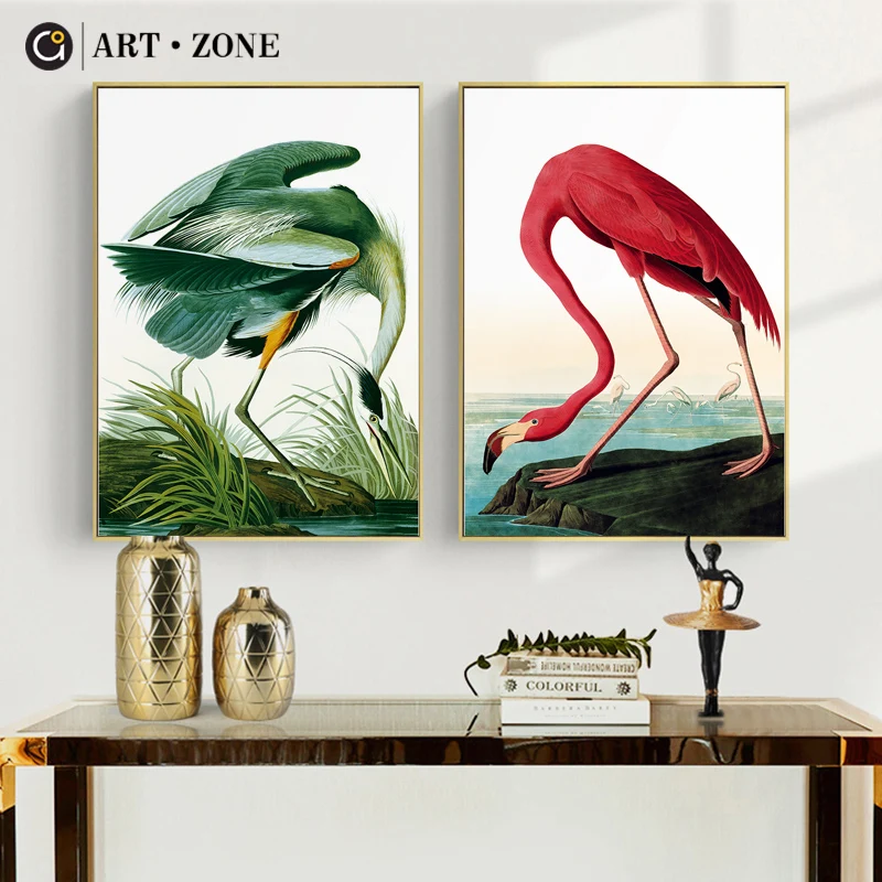 ART ZONE Red Green Flamingo Art Wall Painting Cartoon Animal Print Poster Kids Bedroom Kindergarten Home Decor Cute Art Painting