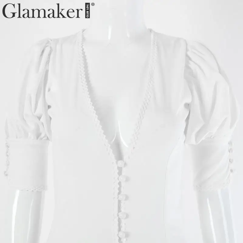 Glamaker сексуальное Белое платье миди с пышными рукавами женское осеннее элегантное облегающее платье зимние вечерние платья для ночного клуба с v-образным вырезом vestidos