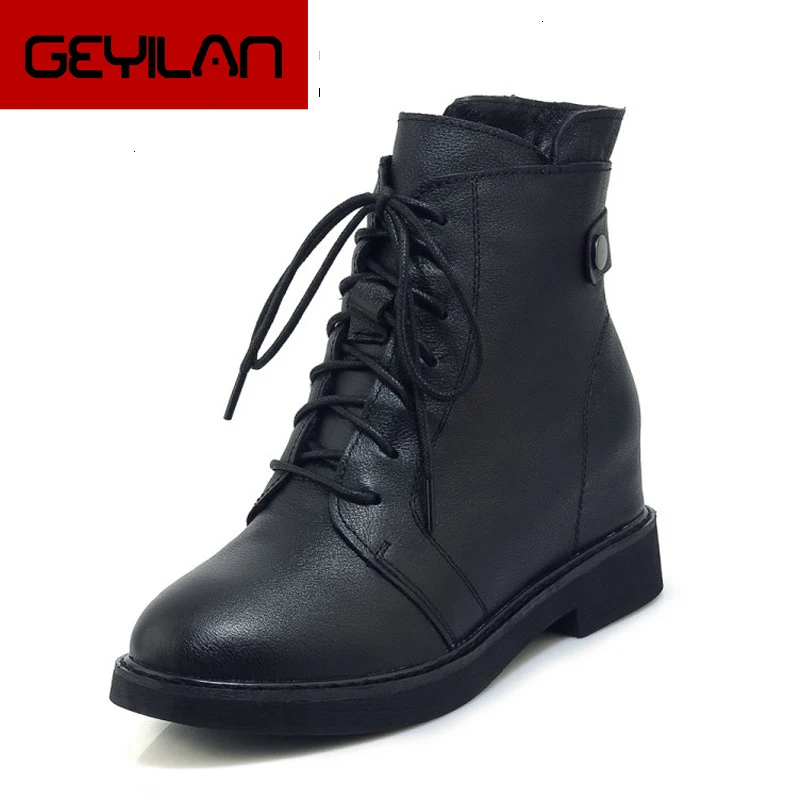

2019 Winter Boots For Women Lace Up Zip Platform Gothic Shoes Genuine Leather Women height Increasing Round Toe Black J866