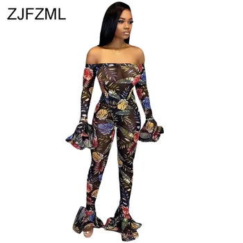 

Leaves Print Sexy Rompers Womens Jumpsuit Slash Neck Long Sleeve Skinny Bodysuit Autumn Sheer Mesh Spliced See Through Overalls