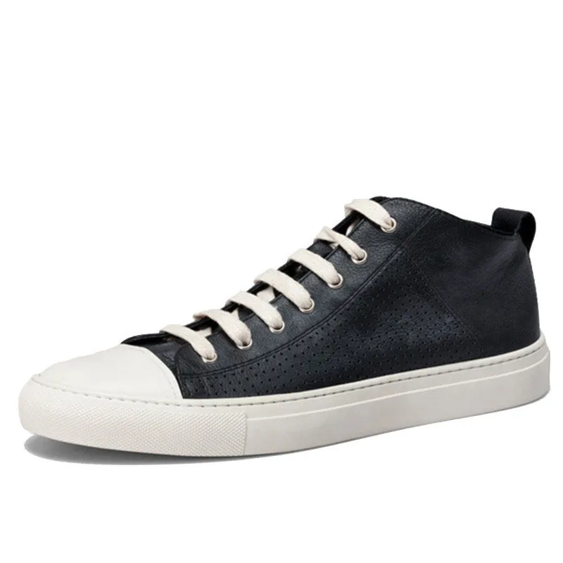 Top Brand Korean Real Cow Leather Shoes Men Vintage Casual Lace Up Flats Streetwear Summer Breathable Sneakers Black Male |
