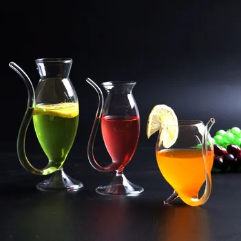 

190ml/340ml Wine Glass Cup Clear Glassware Mug Cocktail Straw Cup With Built In Drinking Tube Straw For Home Kitchen Bar Party