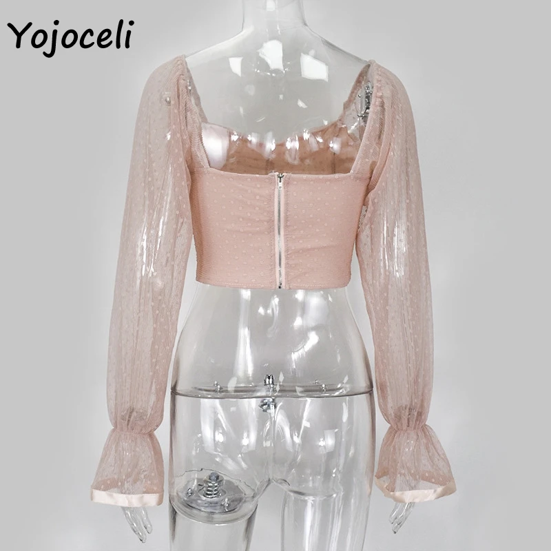 Yojoceli, сексуальные сетчатые блузки в горошек, рубашка для женщин, с открытыми плечами, boho, пляжные кружевные блузки, рубашка, топ, женские короткие блузки