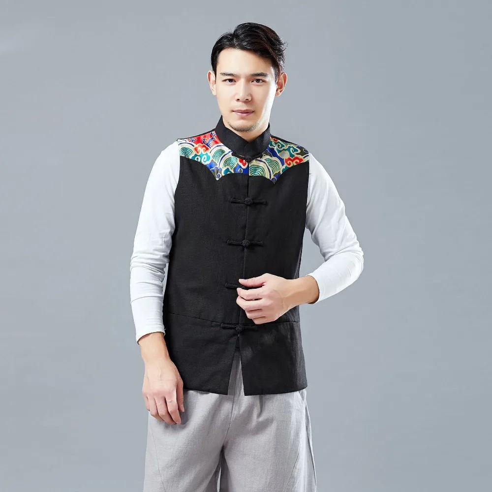 LZJN 2019 Men's Summer Waistcoat Chinese Style Print Patchwork Linen Button Down Kung Fu Shirt Sleeveless Vest Jacket (9)
