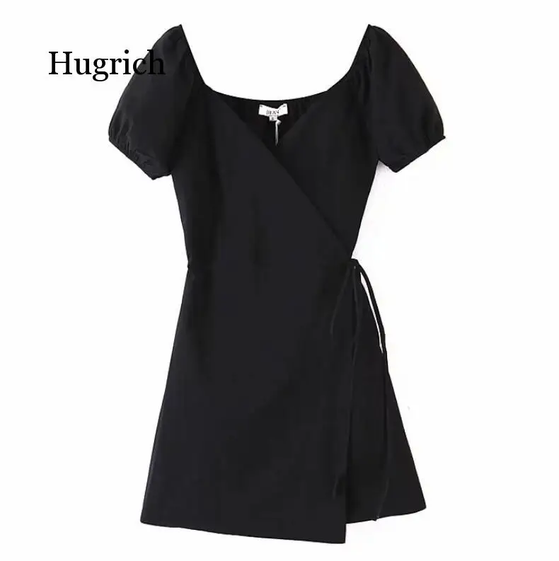 

2020 New French V Neck Front Slit Wrap Dress Holiday Woman Tie Bow Lace Up Waist Short Sleeve Short Dresses Black Tea Vestido