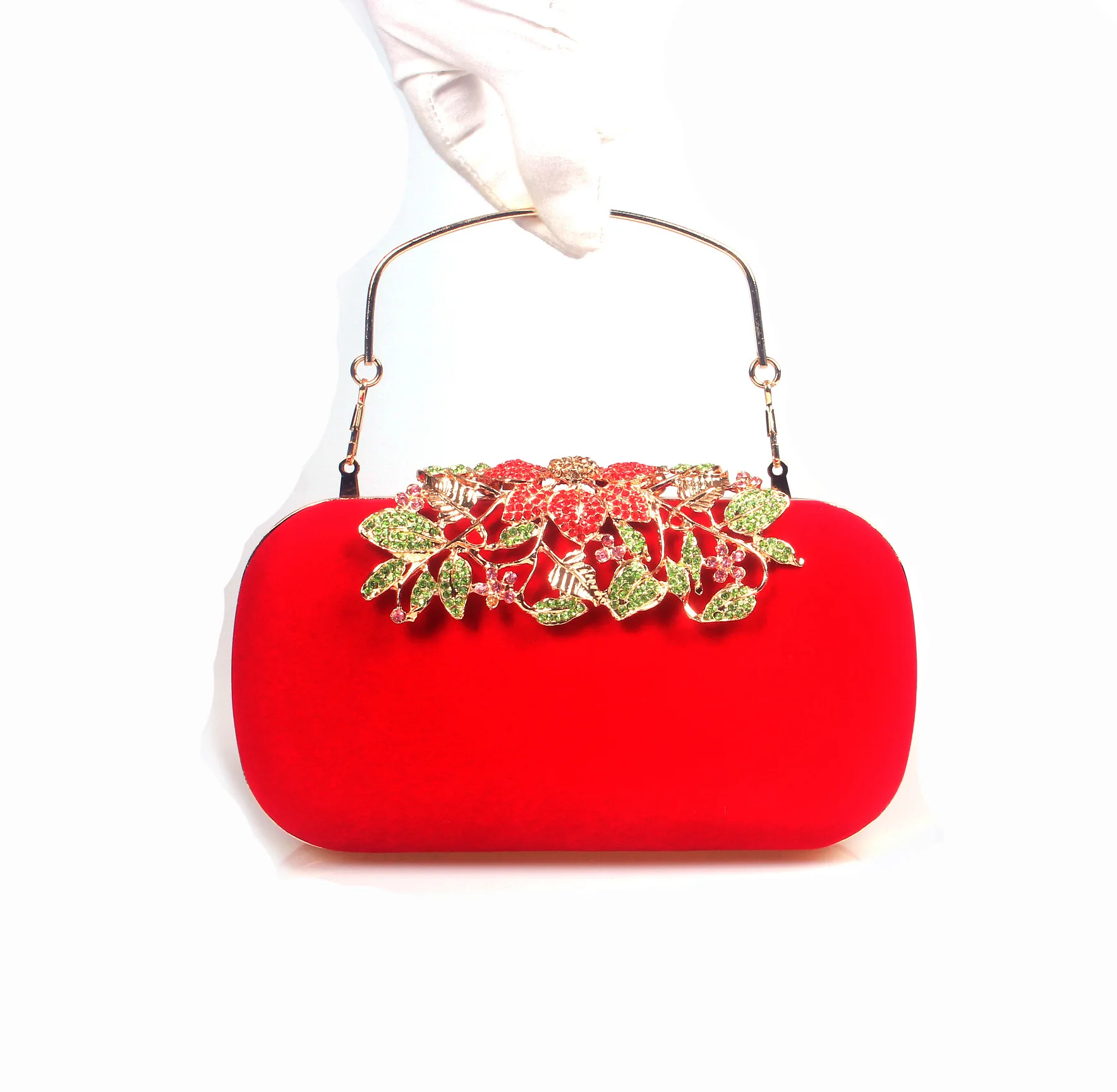 

Mermaid New Products Diamond Set Velvet Evening Bag High Quality Alloy Leaf-shaped Flowers Color Drill Banquet WOMEN'S Bag Brida