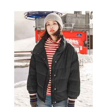 

INMAN Winter New Arrival High Collar Printing Loose Contrast Color Rib's Sleeves Warm Down Jacket Women Down Coat