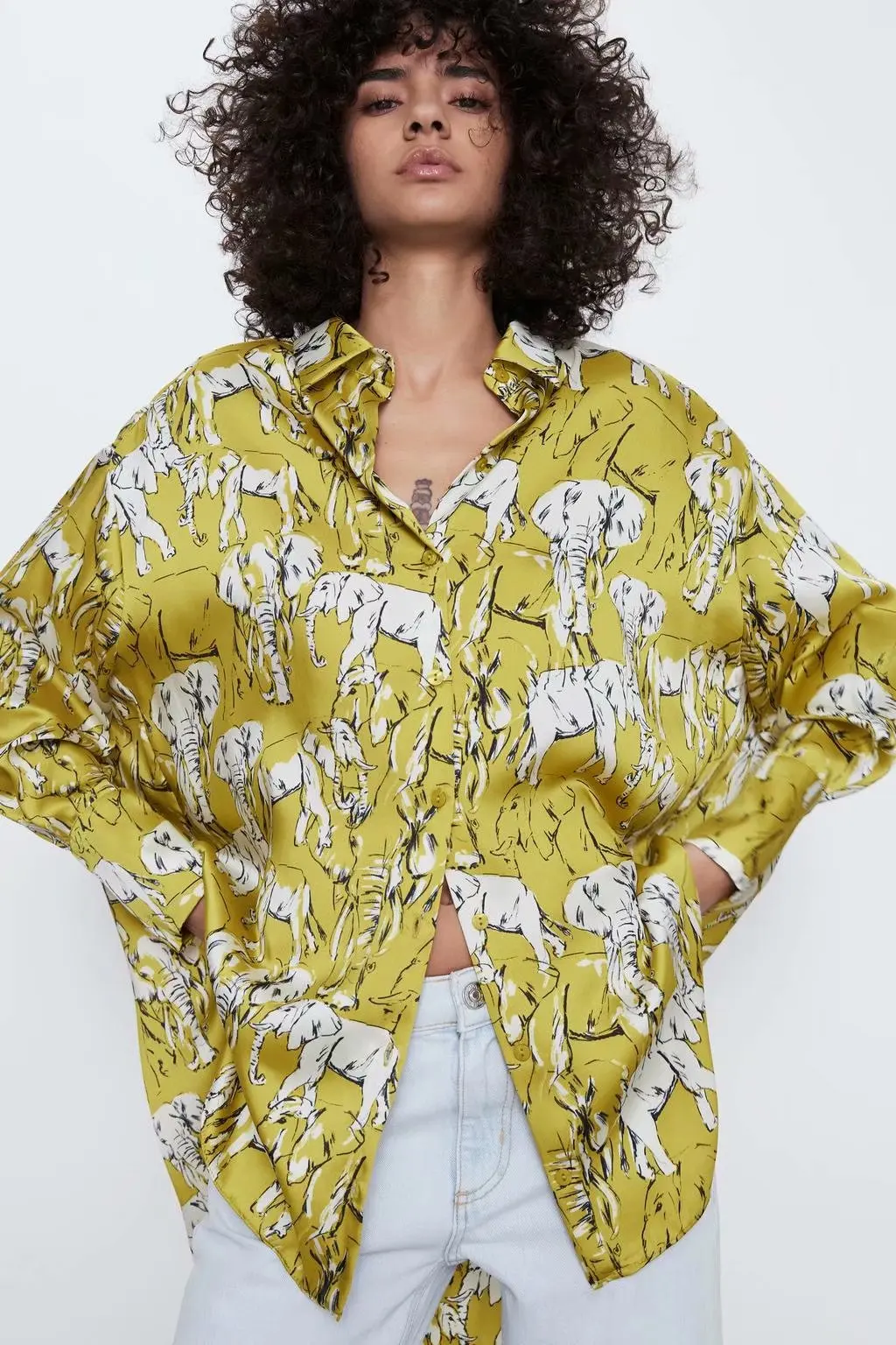 2020 new Spring Summer European Elephant Print female Shirt raing vadiming sheining Women's Yellow Printings XDN9427 |