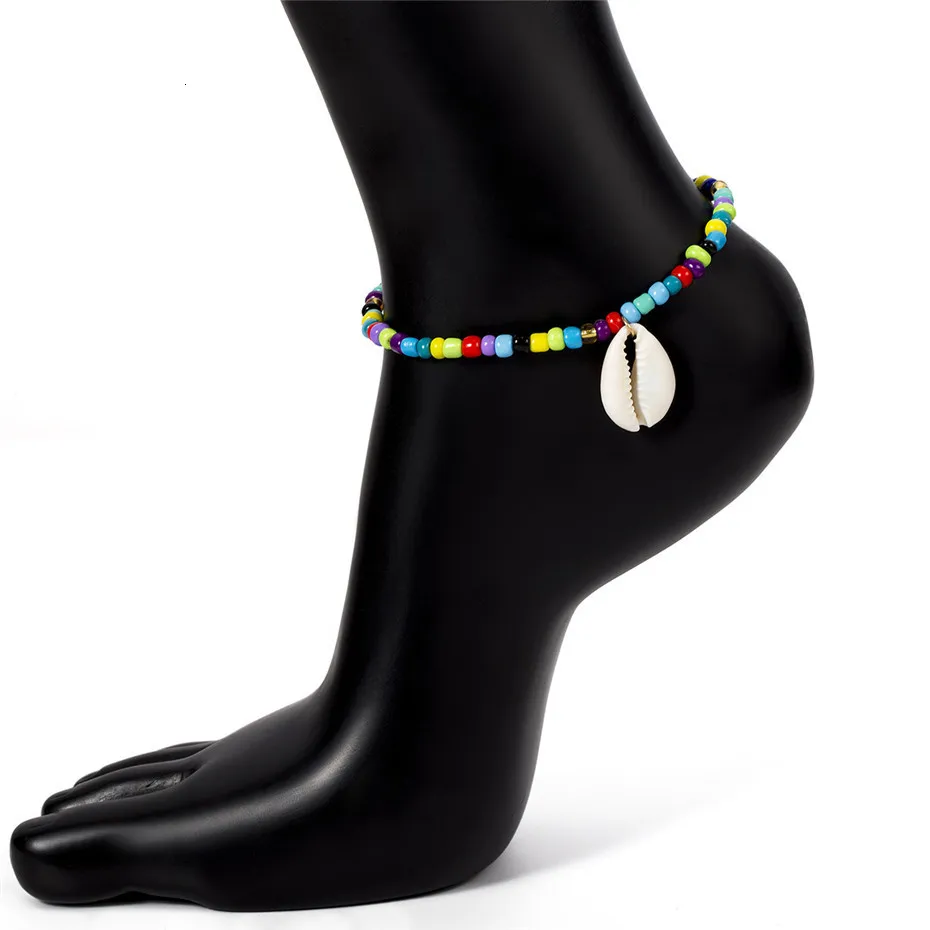 Ingemark Bohemian Shell Pendant Colorful Beads Anklets Bracelet For Women Vintage Boho Green Stone Anklet Beach Leg Foot Jewelry