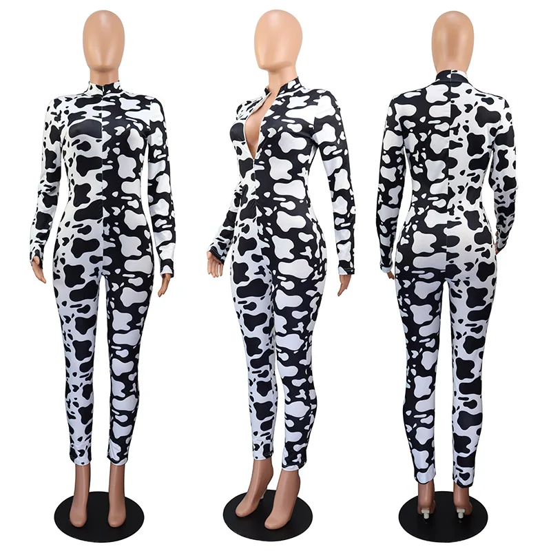 Sexy Block Cowhide Print Jumpsuit Women Spandex Long Sleeve Bodycon Jumpsuit One Piece Club Outfits Autumn Lady Clothes 6