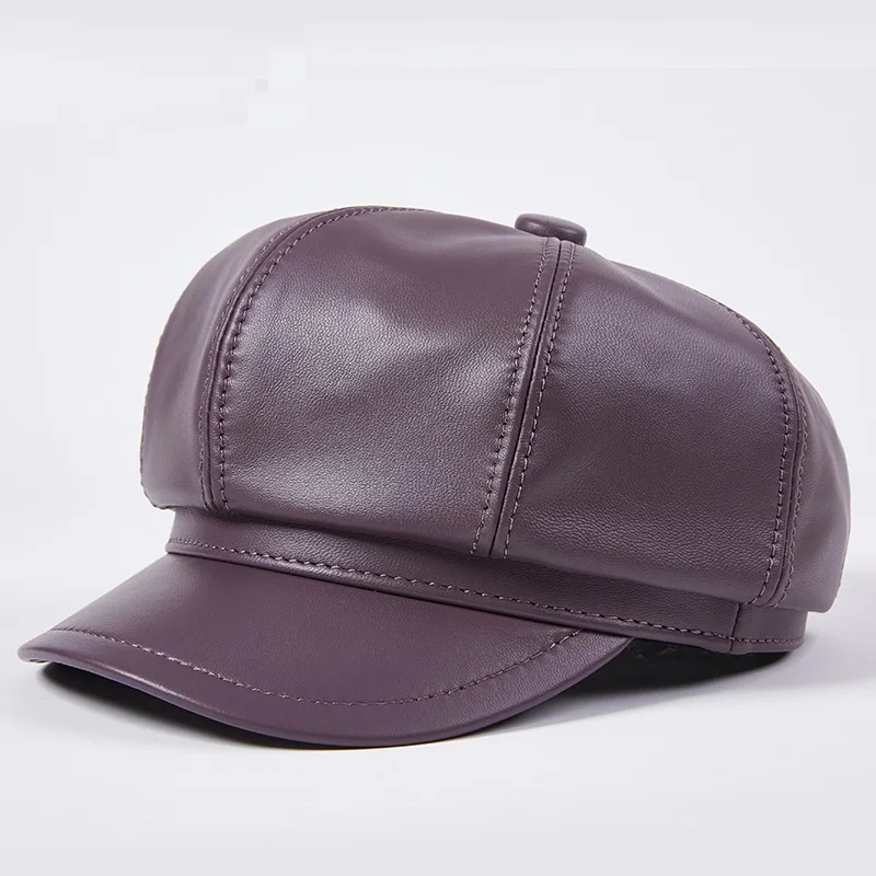 Women Genuine Leather Vintage Hat Women Sheepskin Newsboy Cap Baker Boy Cap High Quality Brand Ladies Winter Octagonal