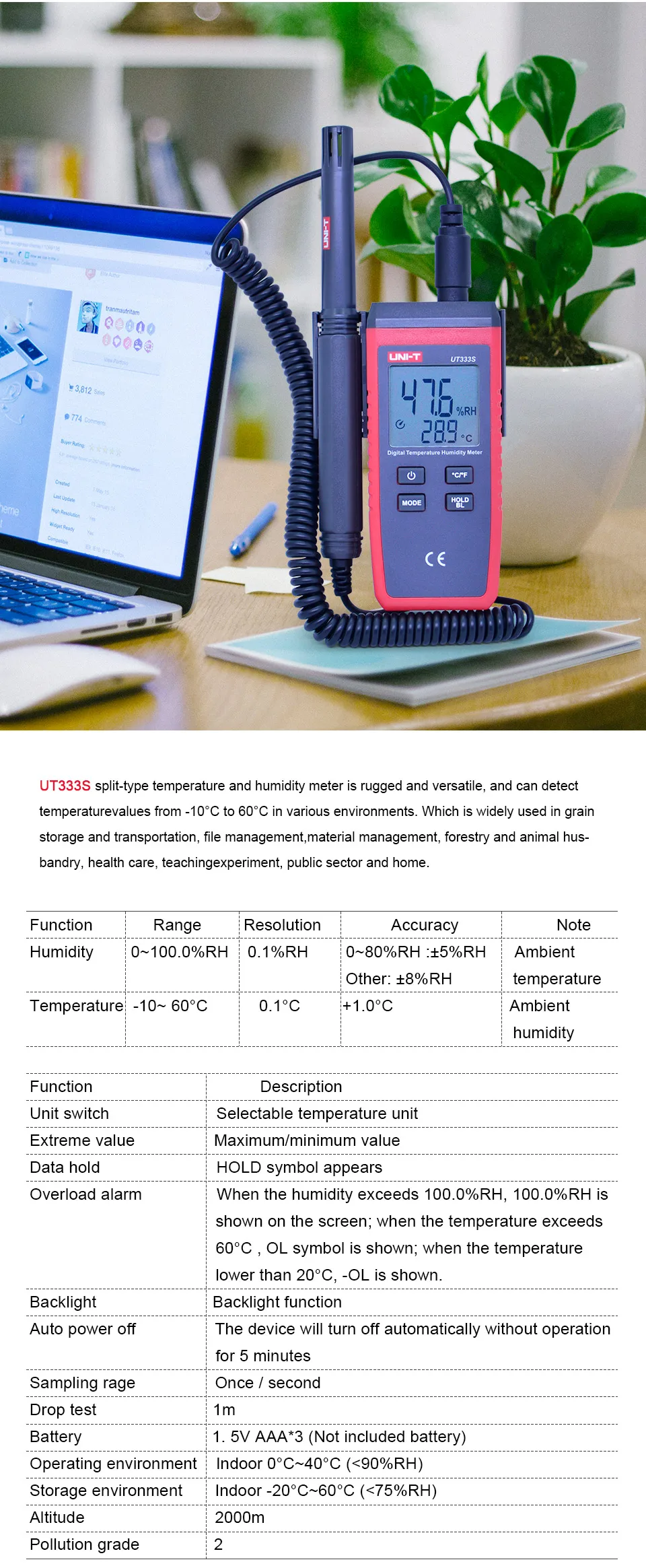 UNI-T UT333S UT363S UT383S Split type Temperature Humidity Meter Anemometer Wind Speed Meter Light Meter Luxmeter