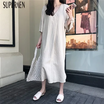 

SuperAen 2020 Summer New Women Dress Korean-Style Casual Ladies Dress Cotton and Linen V-neck Solid Color Women Clothing