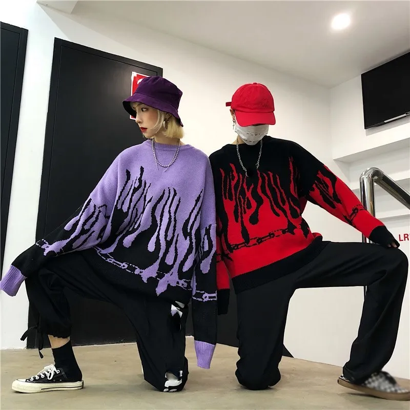 Koop Mode 2020 Lente Herfst Winter Harajuku Vlam Trui Breien Batwing Mouw Paar Trui Losse Vriendje Truien