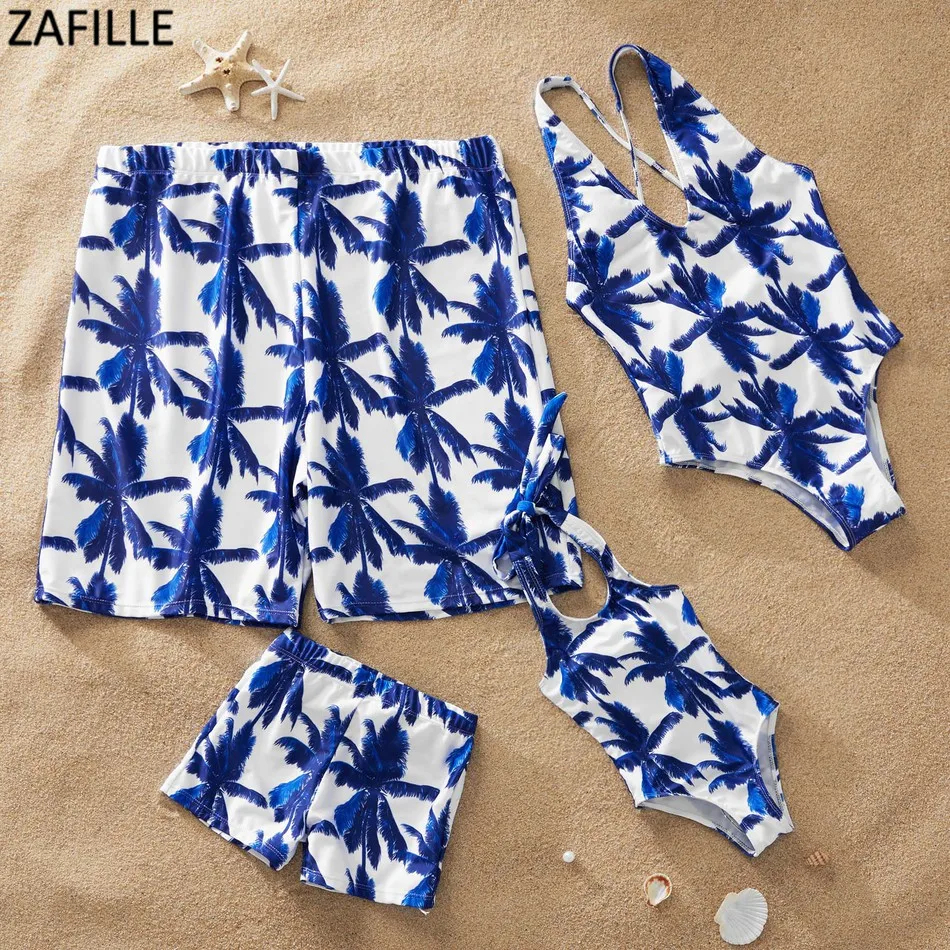 

ZAFILLE Family Matching Outfits Mother Daughter Swimwear Tree Printed One Piece Swimsuit Mommy and Me Bikini Men Boys Beachwear