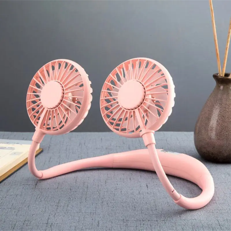 

Mini Hand Free small fan battery mini portable fan with colorful lights two fans Hanging around the neck for sport