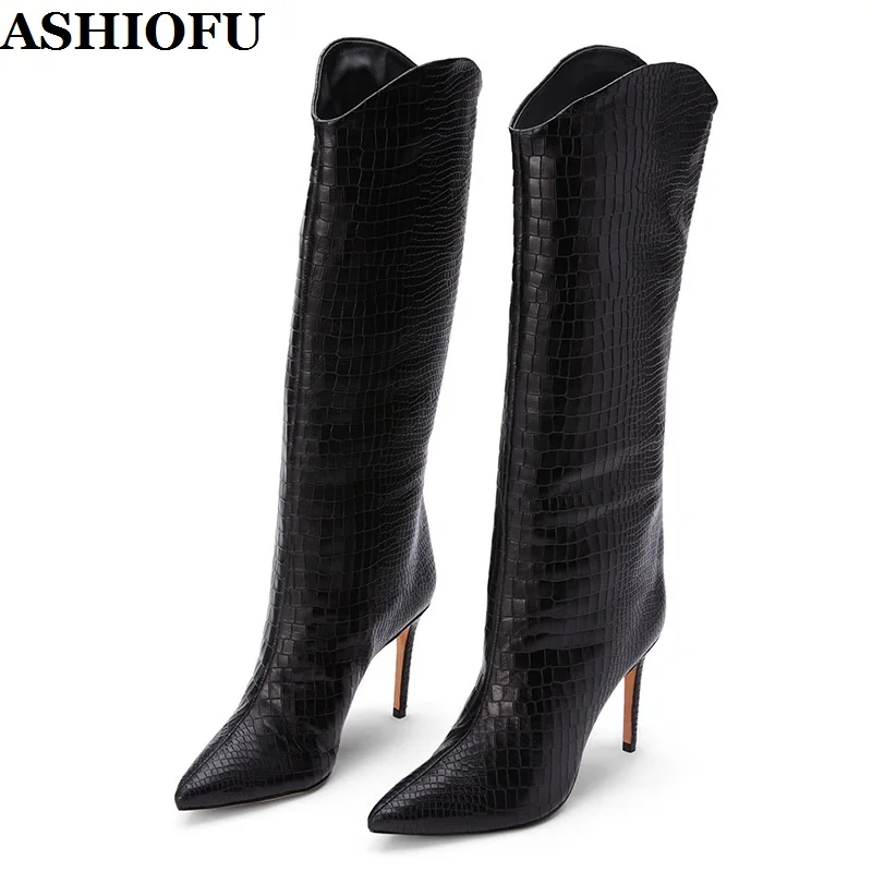 

ASHIOFU Handmade New Vintage Ladies High Heel Boots All-matches Sexy Party Prom Knee Boots Winter Evening Fashion Boots Shoes