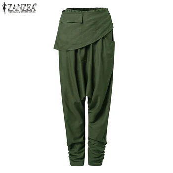 

ZANZEA Women Drop-crotch Long Pants 2020 Fashion Casual Solid Trousers Ladies Elastic Waist Loose Streetwear Pantalones Mujer
