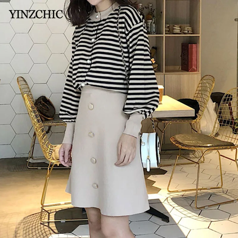

New Autumn Woman Knit Suits Casual Striped Sweater + Solid Skirt Set for Woman Warm Basic Suits Women Knitted Two-pieces Set