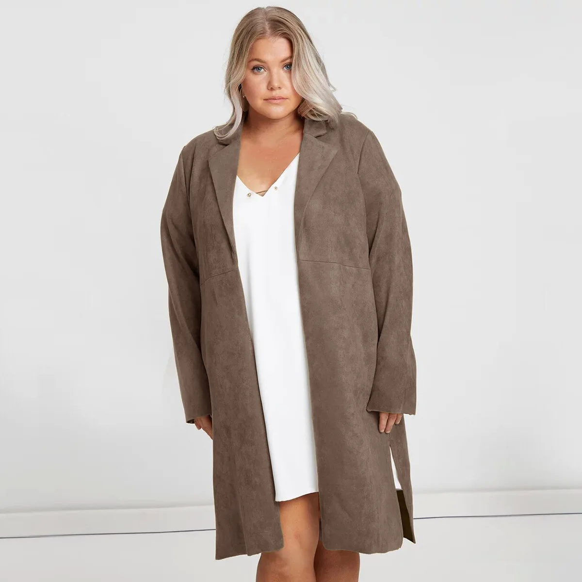 

Kisilk Western Style Fashion Large Size Solid Color Fold-down Collar Long Sleeve Suede Elegant Long Coat Women's 2020 Autumn