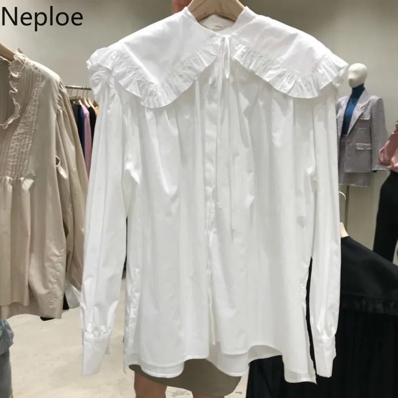 Neploe, Корейская Элегантная блузка с круглым отложным воротником, на шнуровке, с бантом, с длинным рукавом, свободная, однотонная, на осень и весну, Blusas, новая рубашка