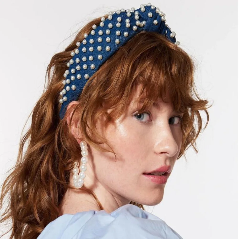 

New Trendy Wide Simulated Pearls Top Knot Cross Hairbands For Women Blue Denim Turban Handmade Fashion Headwear Hair Accessories