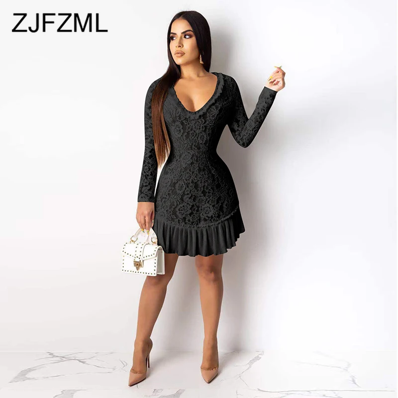 

Sexy Backless Floral Lace Dress Women Deep V-Neck Long Sleeve Ruffles White Chiffon Dress Elegant Autumn Bodycon Mini Dresses