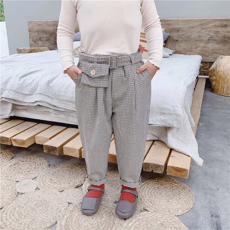 

2019 Autumn New Arrival Korean style plaid all-match casual long pants with pocket and belt for fashion cute sweet baby girls